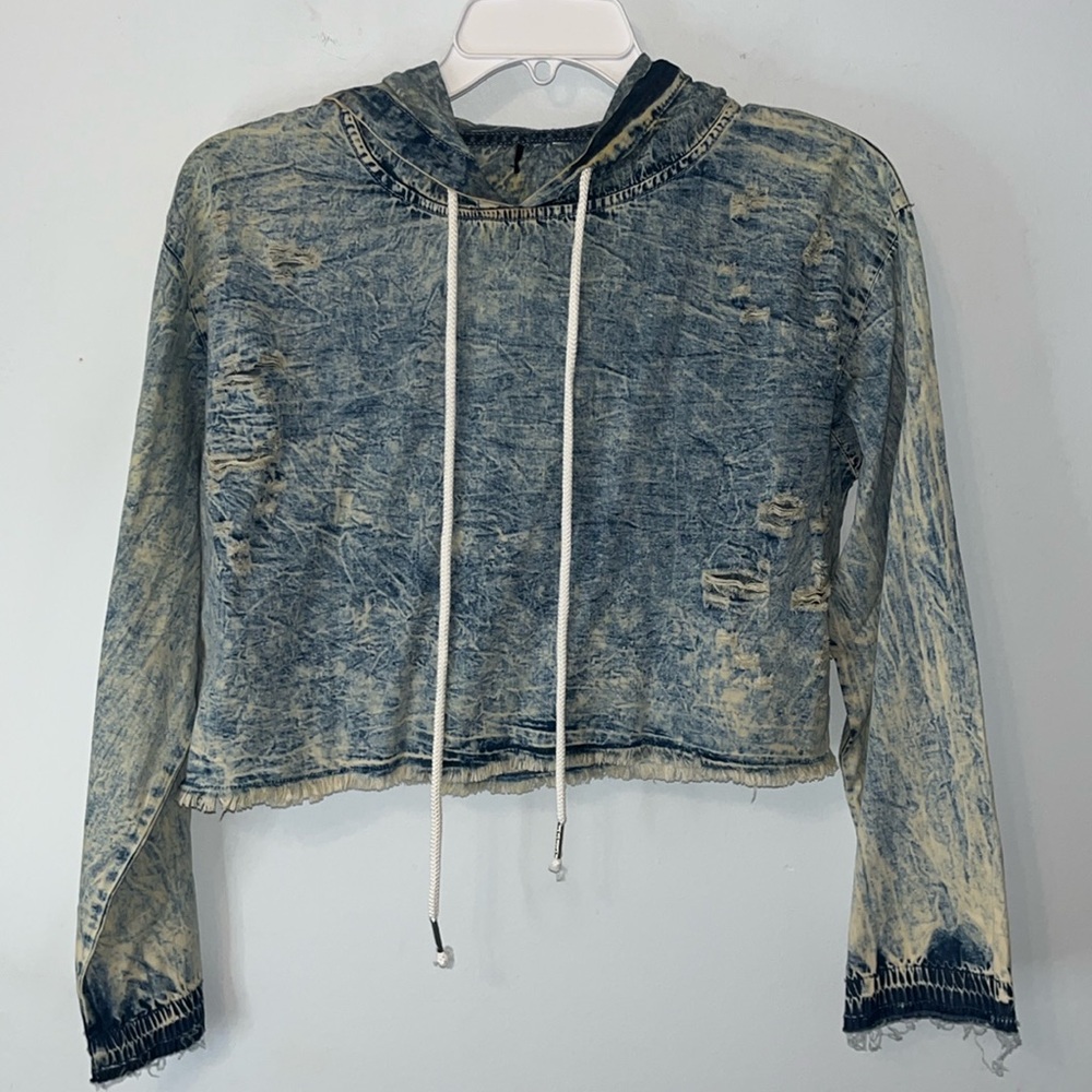 Thrill Jeans Hoodie Cropped Ripped Distressed Streetwear Y2K Stonewashed Size M - Picture 1 of 4